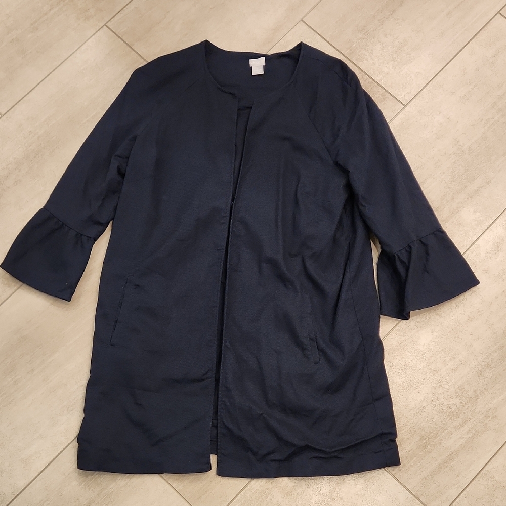 Chico's Trench Coat with Ruffle Sleeves Navy Blue Open Front Womens Sz 3 / 16-18